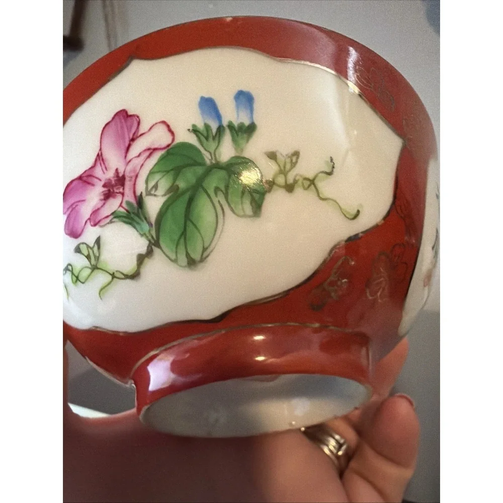China Famille Coral Red Glazed Porcelain Painted Flower Rice Bowls‎ Set Of 5